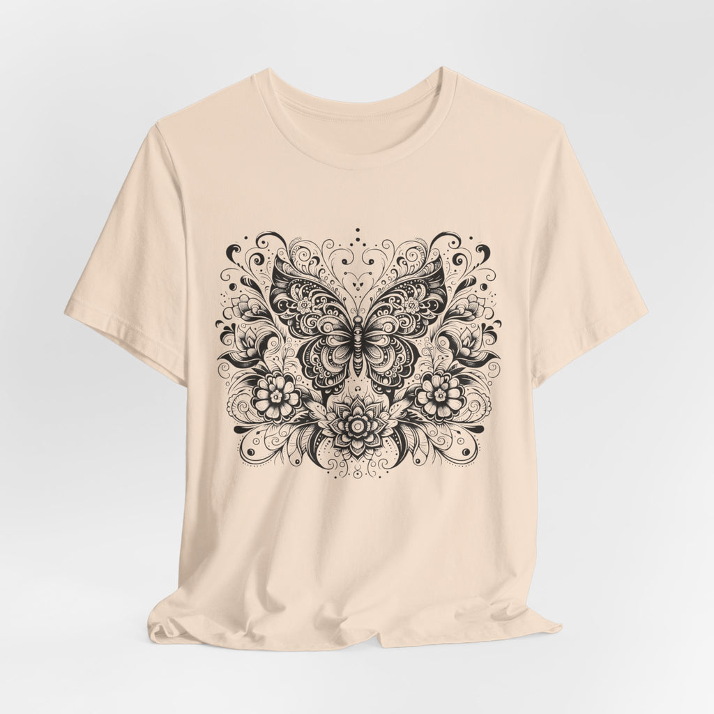 Ornate Butterfly Floral Tee | Detailed Black Line Art Butterfly T-Shirt
