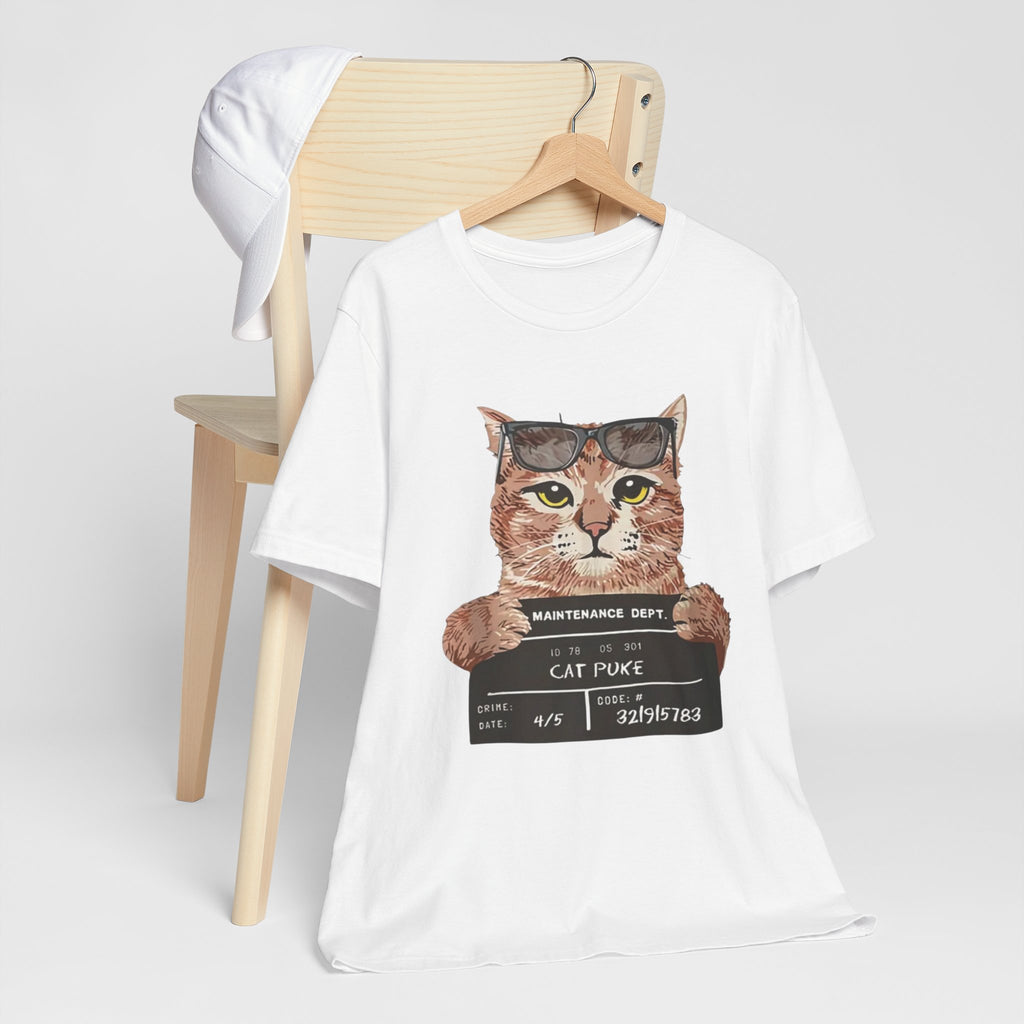 Cat Mugshot Tee — "Cat Puke" Funny Cat Arrest Graphic T-Shirt
