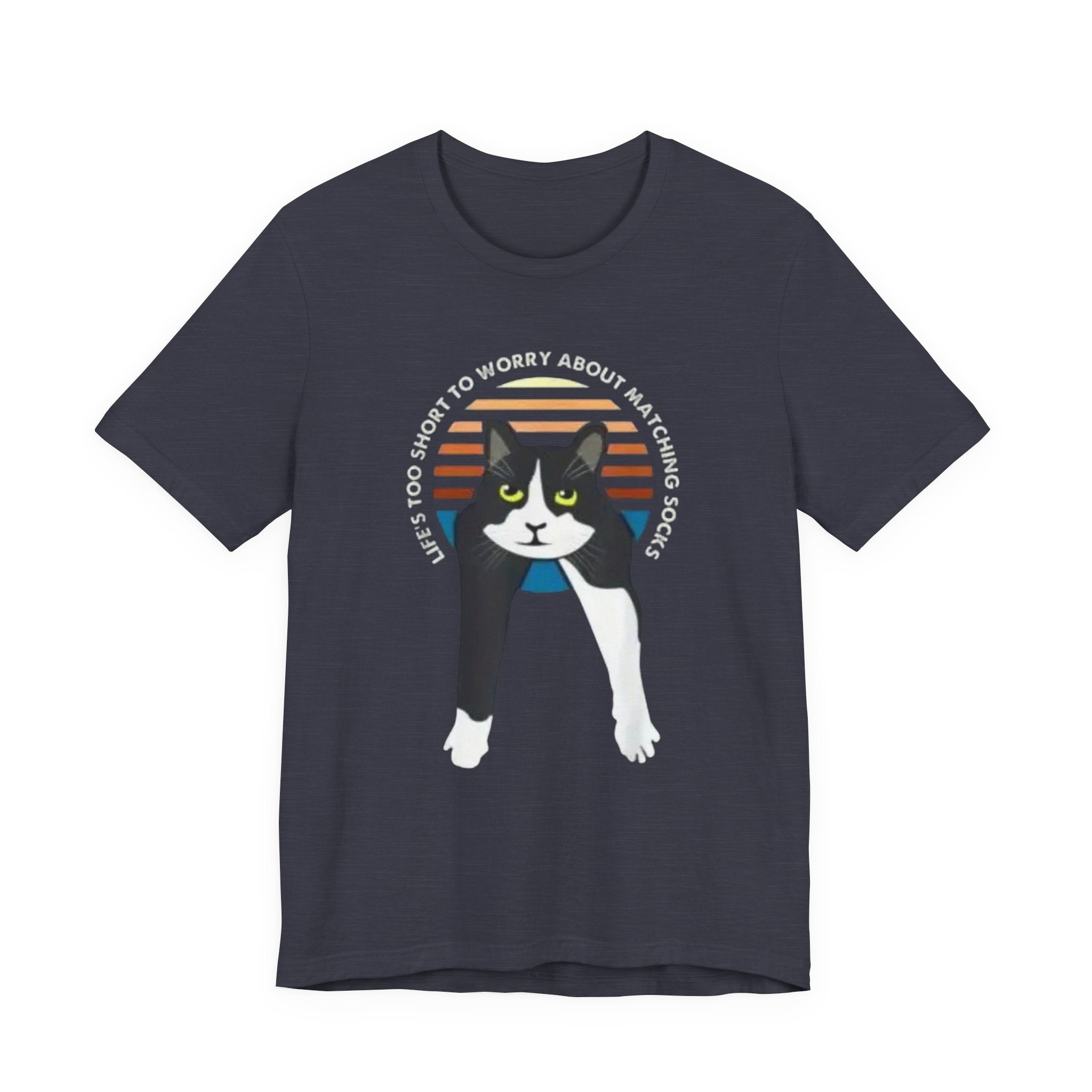 Tuxedo Cat Illustration Tee | Retro Sunset, 'Life's Too Short to Worry About Matching Socks'