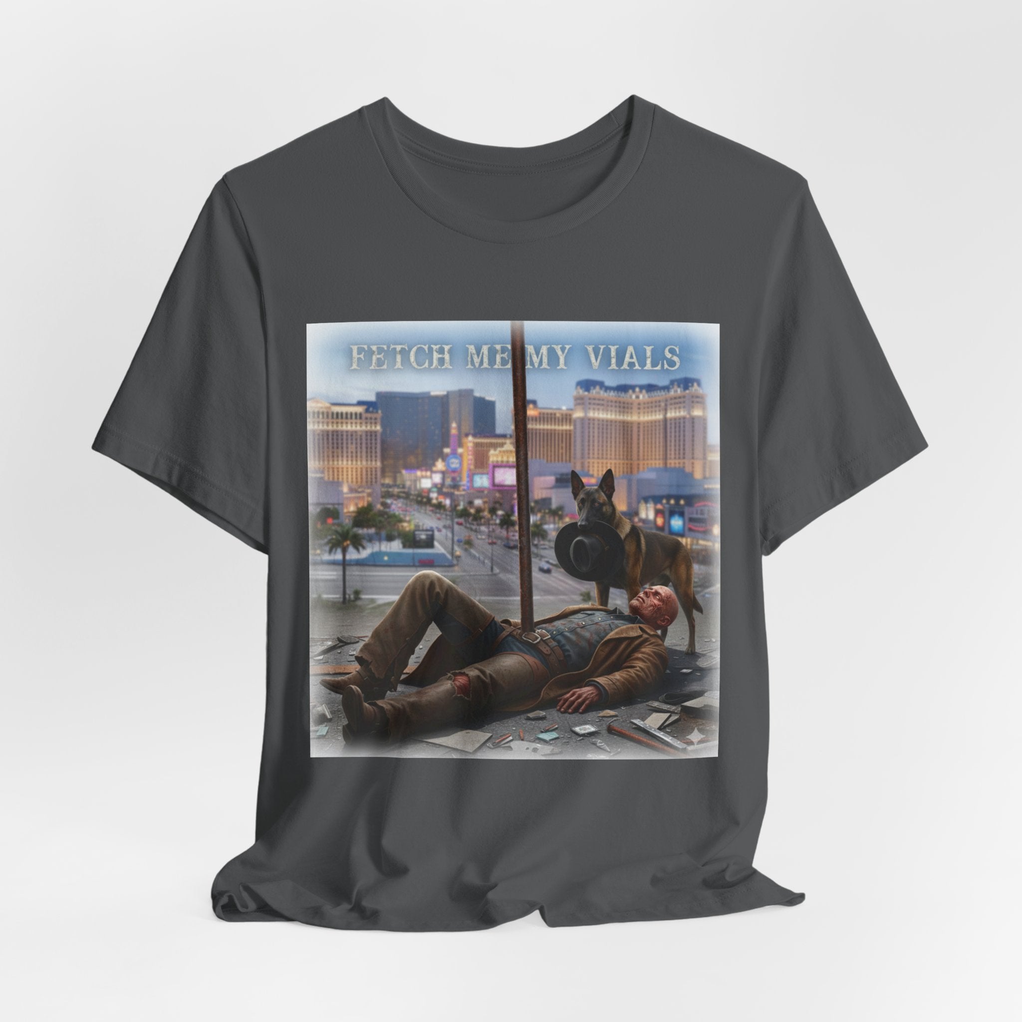 Fetch me my vials, Fallout Tee, Street Scene Graphic Tee — "Fetch Me My Vials" Retro Vegas Art Shirt
