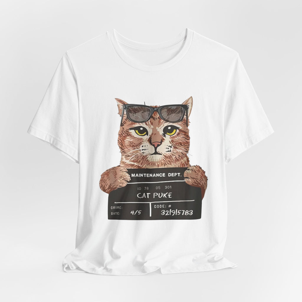 Cat Mugshot Tee — "Cat Puke" Funny Cat Arrest Graphic T-Shirt