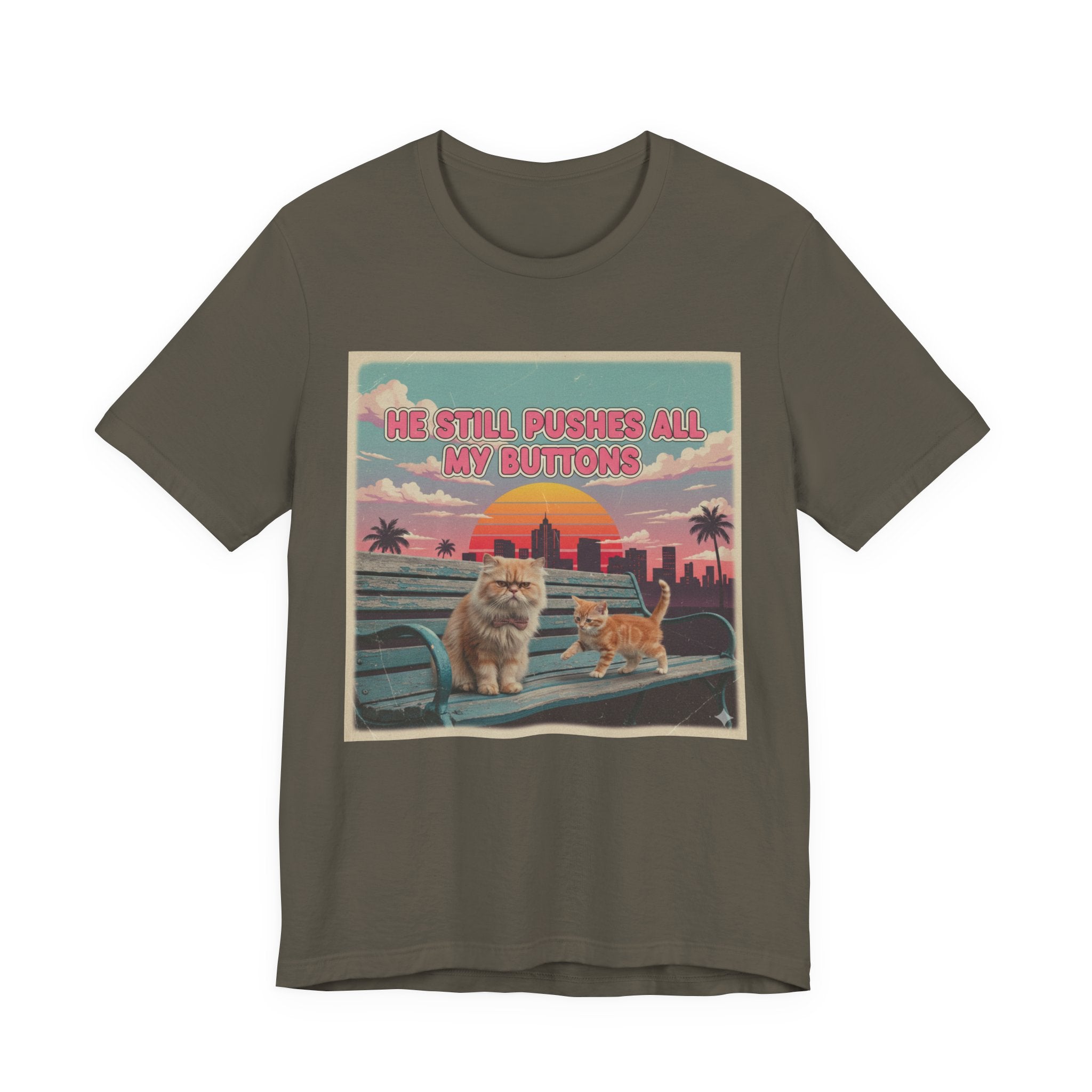 He Still Pushes All My Buttons Cat Illustration Tee | Retro Sunset Palm Beach