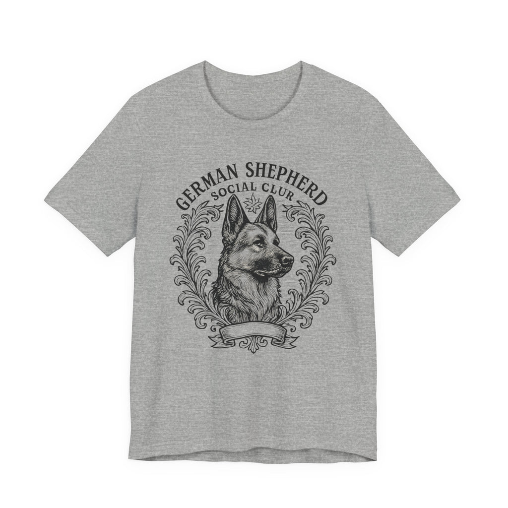 German Shepherd Social Club Tee - Unisex Short Sleeve Shirt for Dog Lovers, Pet Gift, Casual Wear, Canine Enthusiast Apparel