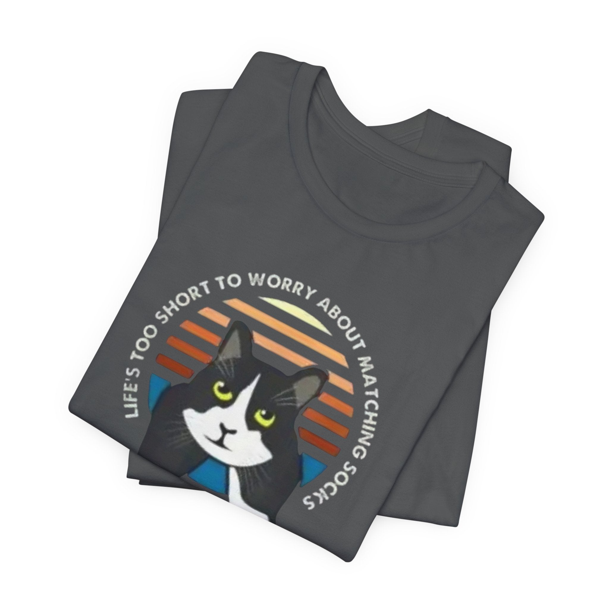 Tuxedo Cat Illustration Tee | Retro Sunset, 'Life's Too Short to Worry About Matching Socks'