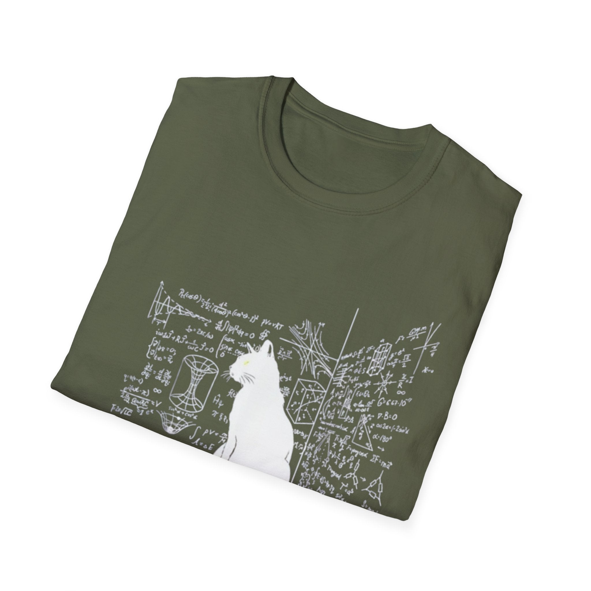 Schrodingers cat tee, escape plan, Cat silhouette with handwritten notes T-Shirt | Science doodle tee