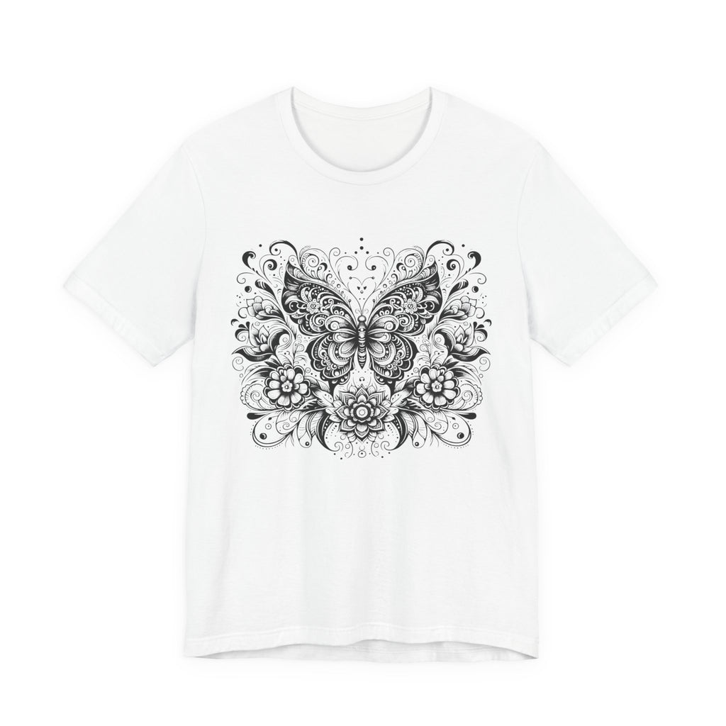 Ornate Butterfly Floral Tee | Detailed Black Line Art Butterfly T-Shirt