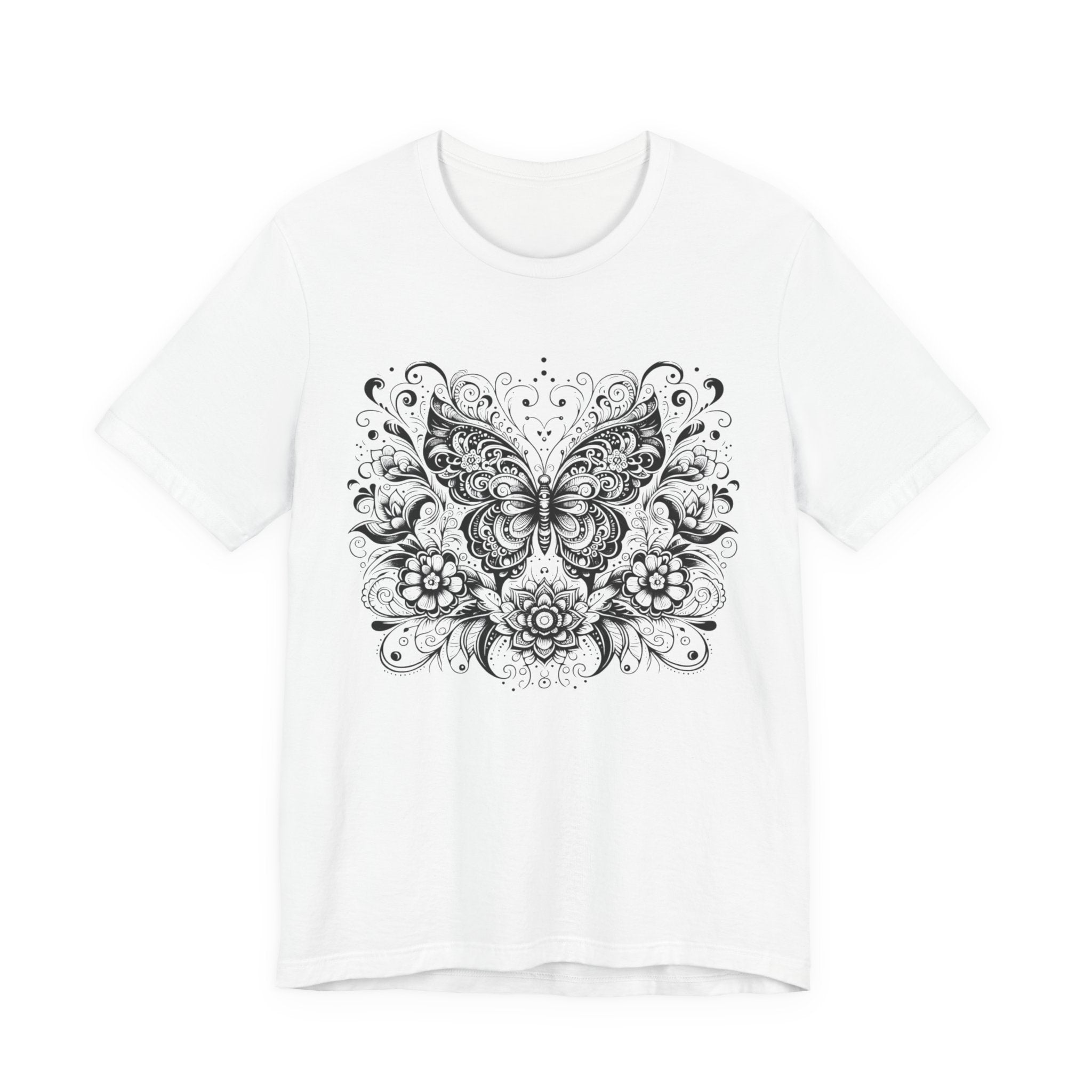 Ornate Butterfly Floral Tee | Detailed Black Line Art Butterfly T-Shirt