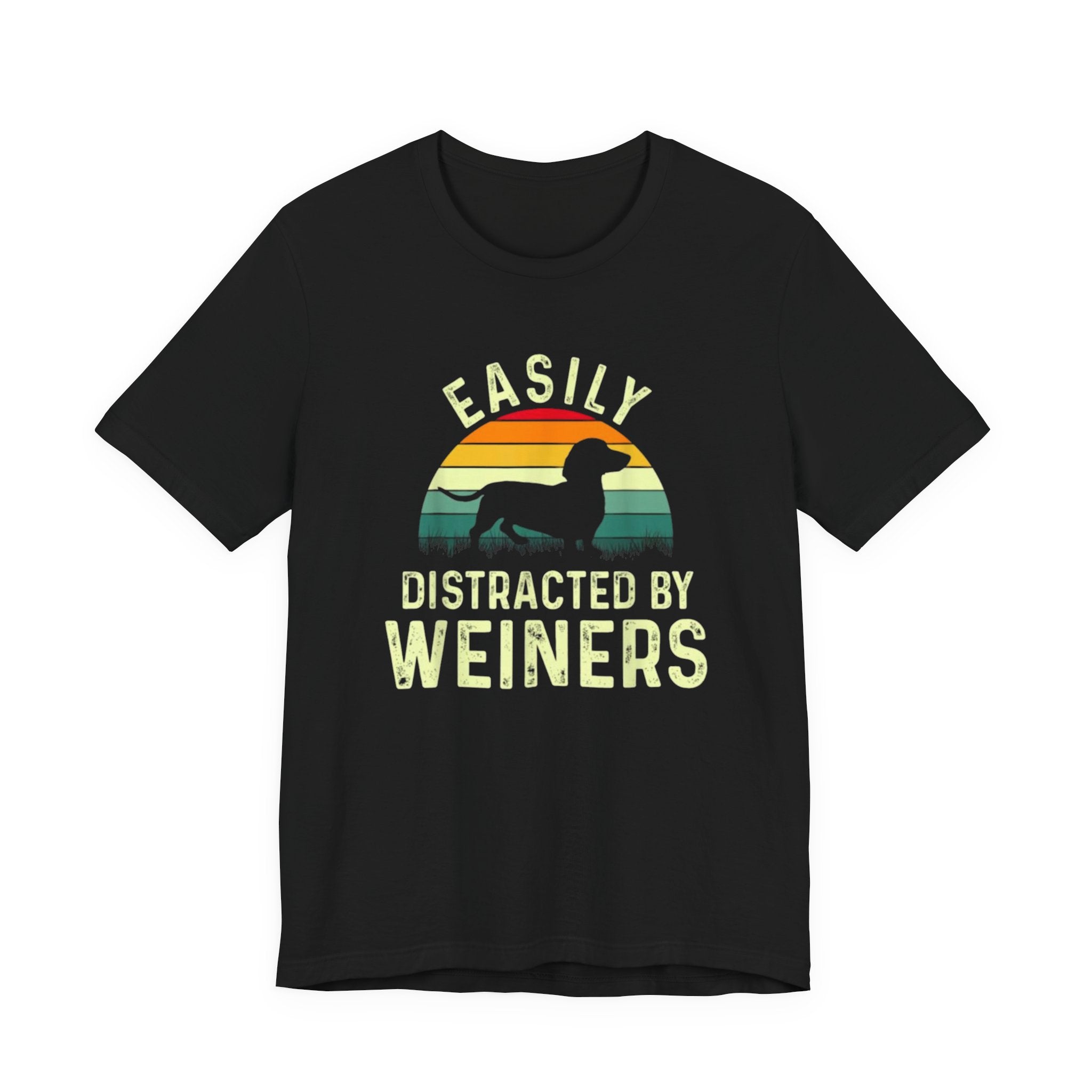 Easily Distracted By Weiners T-Shirt | Dachshund Retro Sunset Tee