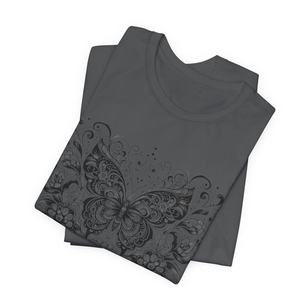 Ornate Butterfly Floral Tee | Detailed Black Line Art Butterfly T-Shirt