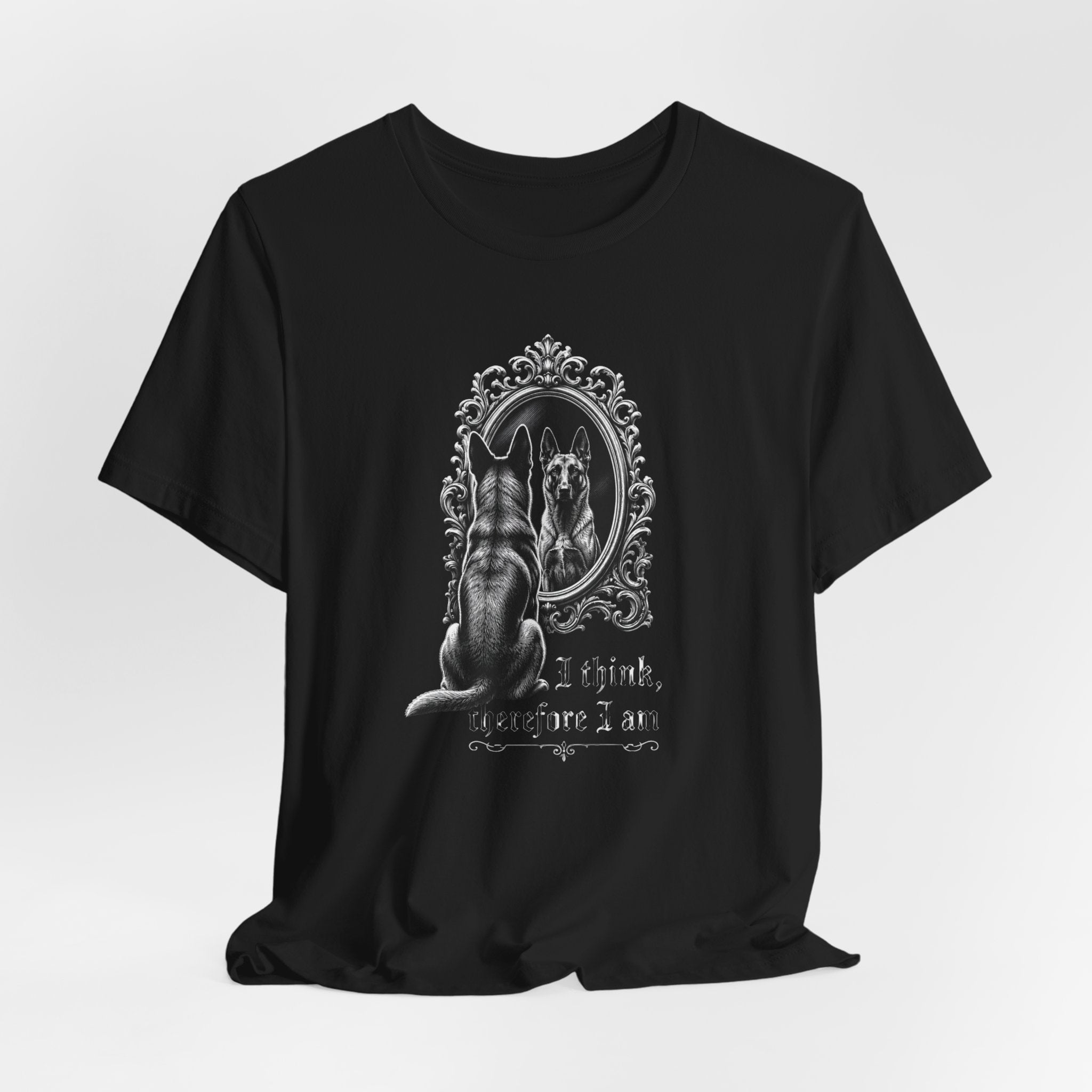 Belgian Malinios Looking in Mirror T-Shirt — Gothic Belgian Malinios Portrait Tee,  I Think,  Therefore I Am