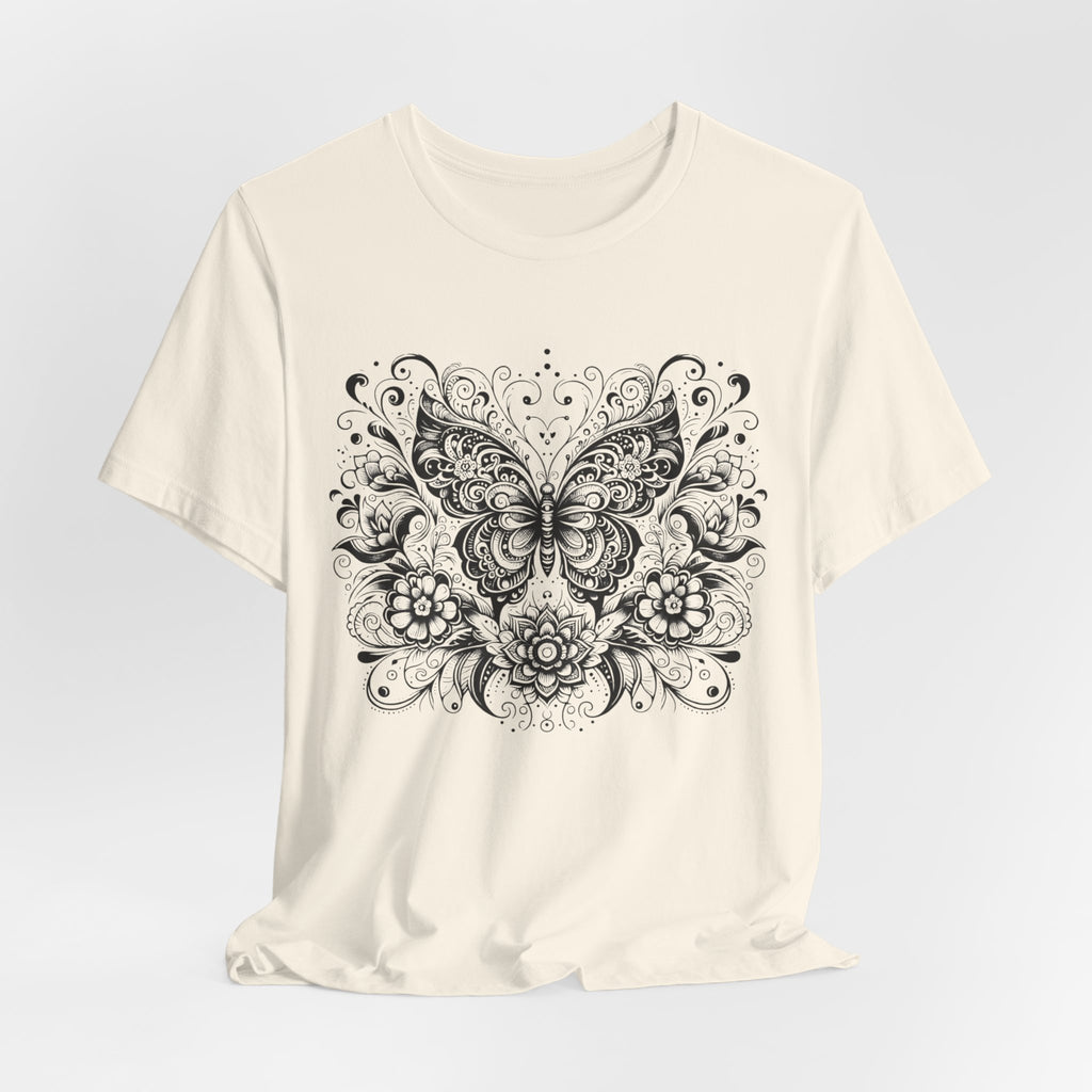 Ornate Butterfly Floral Tee | Detailed Black Line Art Butterfly T-Shirt