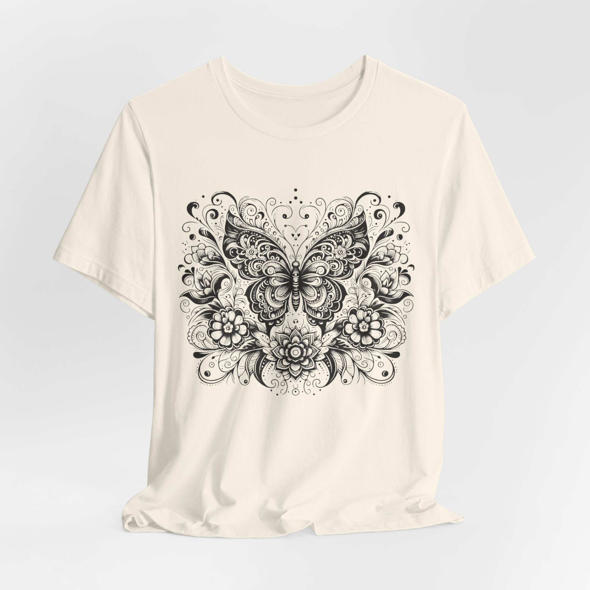Ornate Butterfly Floral Tee | Detailed Black Line Art Butterfly T-Shirt