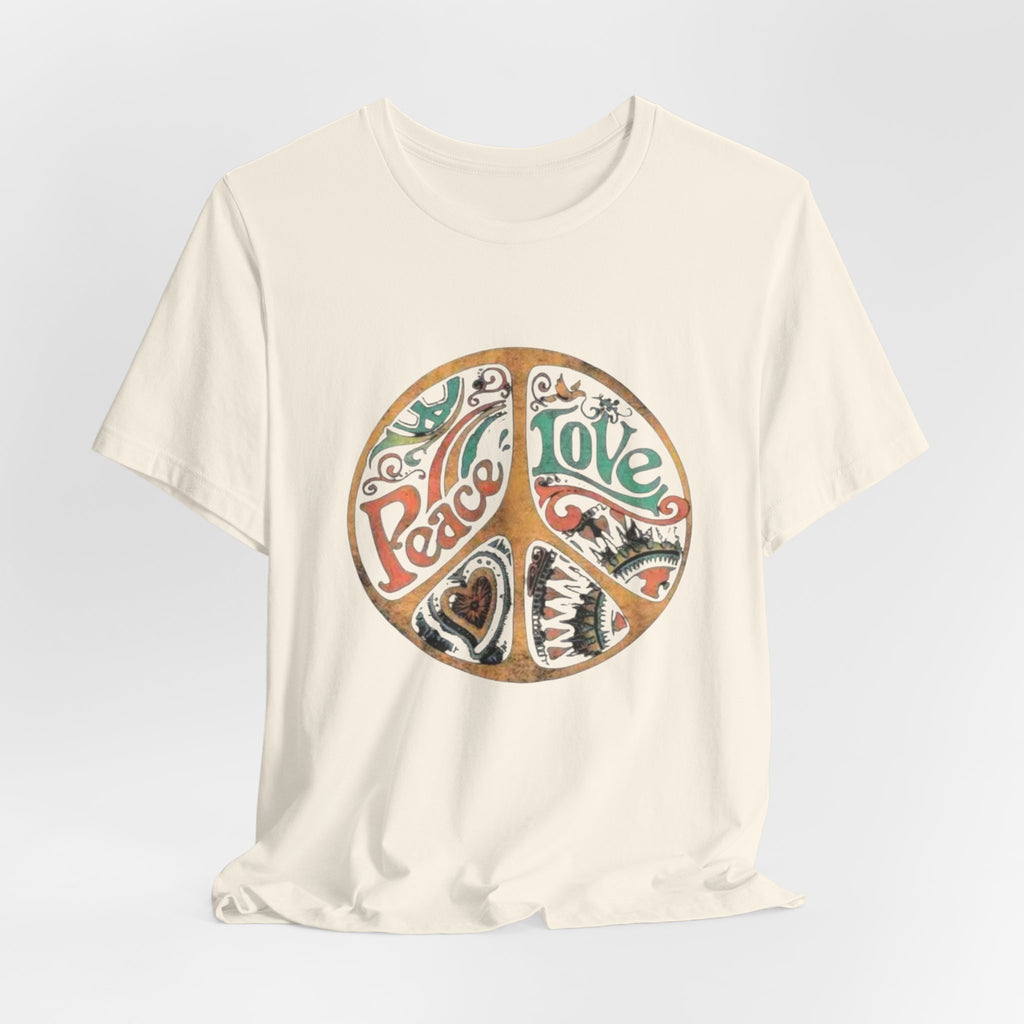 Retro Peace Love Unisex T-Shirt, Boho Graphic Tee, Casual Wear, Festival Shirt, Gift for Friends, Summer Style