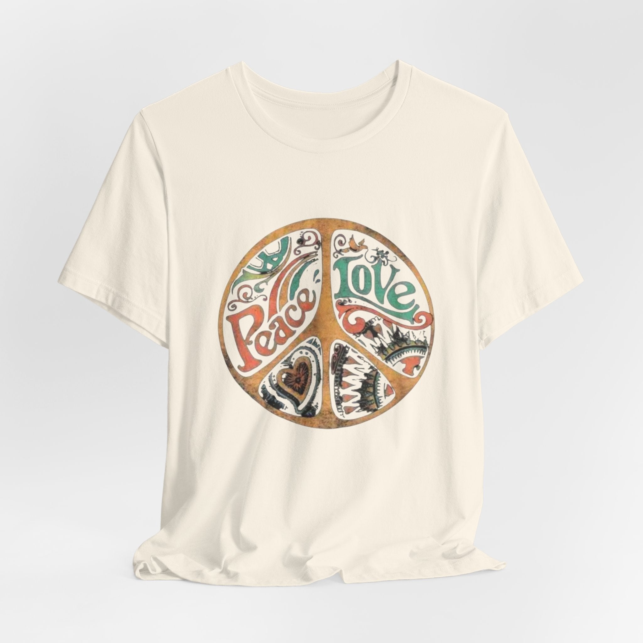 Retro Peace Love Unisex T-Shirt, Boho Graphic Tee, Casual Wear, Festival Shirt, Gift for Friends, Summer Style